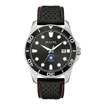 Men's Bulova Black Houston Astros Sport Leather Strap Watch
