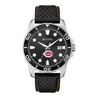 Men's Bulova Black Cincinnati Reds Sport Leather Strap Watch