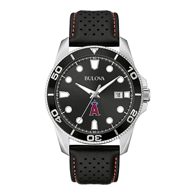 Men's Bulova Black Los Angeles Angels Sport Leather Strap Watch