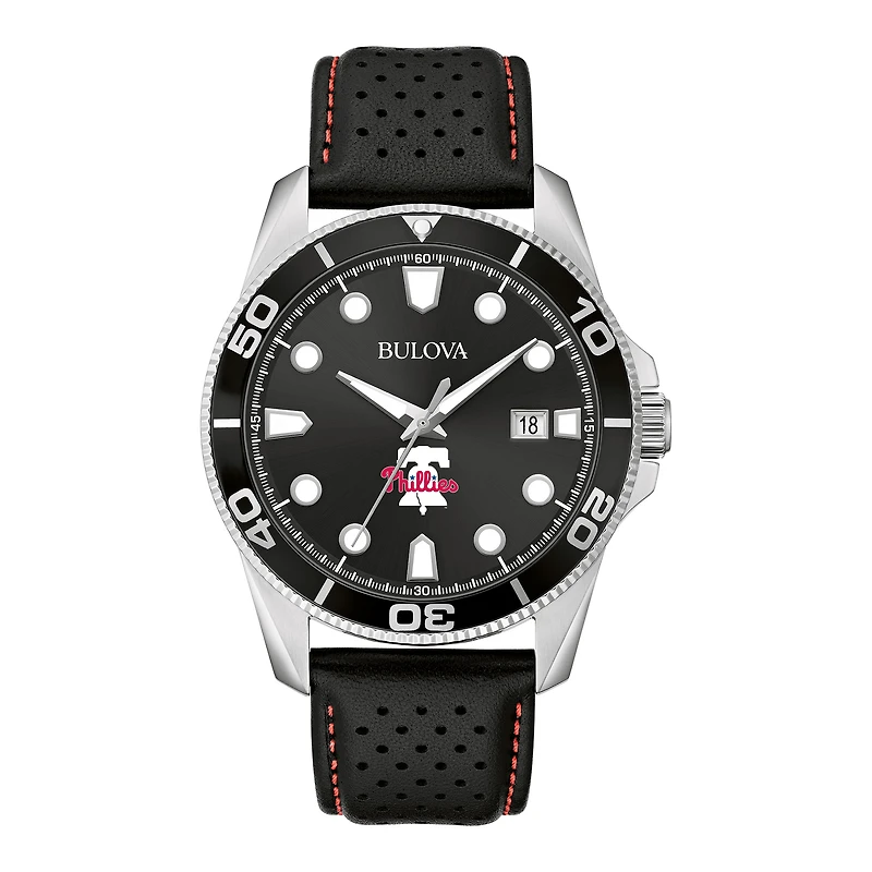 Men's Bulova Black Philadelphia Phillies Sport Leather Strap Watch