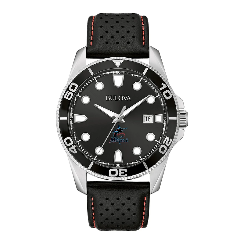Men's Bulova Black Miami Marlins Sport Leather Strap Watch