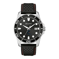 Men's Bulova Black Miami Marlins Sport Leather Strap Watch