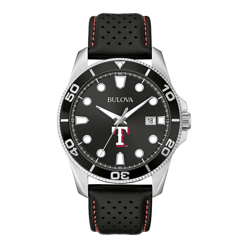 Men's Bulova Black Texas Rangers Sport Leather Strap Watch