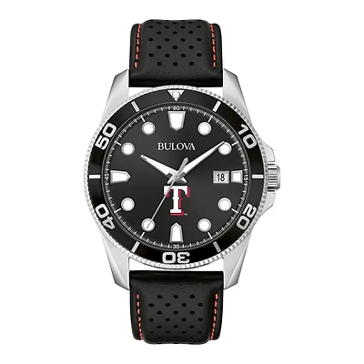 Men's Bulova Black Texas Rangers Sport Leather Strap Watch