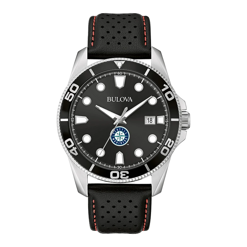 Men's Bulova Black Seattle Mariners Sport Leather Strap Watch