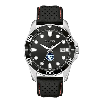 Men's Bulova Black Seattle Mariners Sport Leather Strap Watch