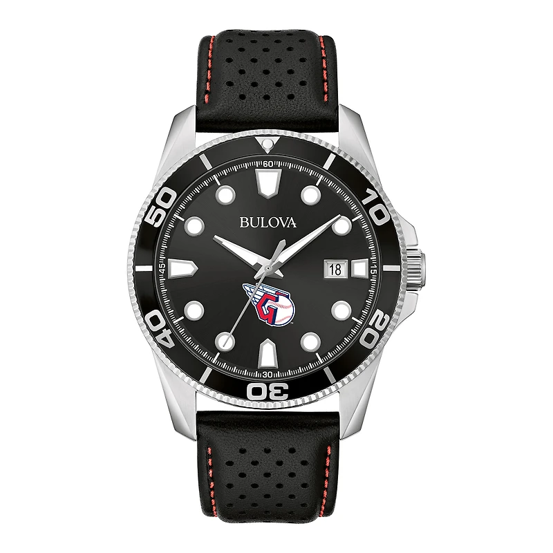Men's Bulova Black Cleveland Guardians Sport Leather Strap Watch