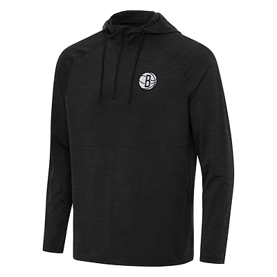 Men's Antigua Heather Black Brooklyn Nets Spikes Raglan Quarter-Zip Hoodie