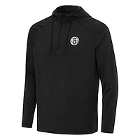 Men's Antigua Heather Black Brooklyn Nets Spikes Raglan Quarter-Zip Hoodie