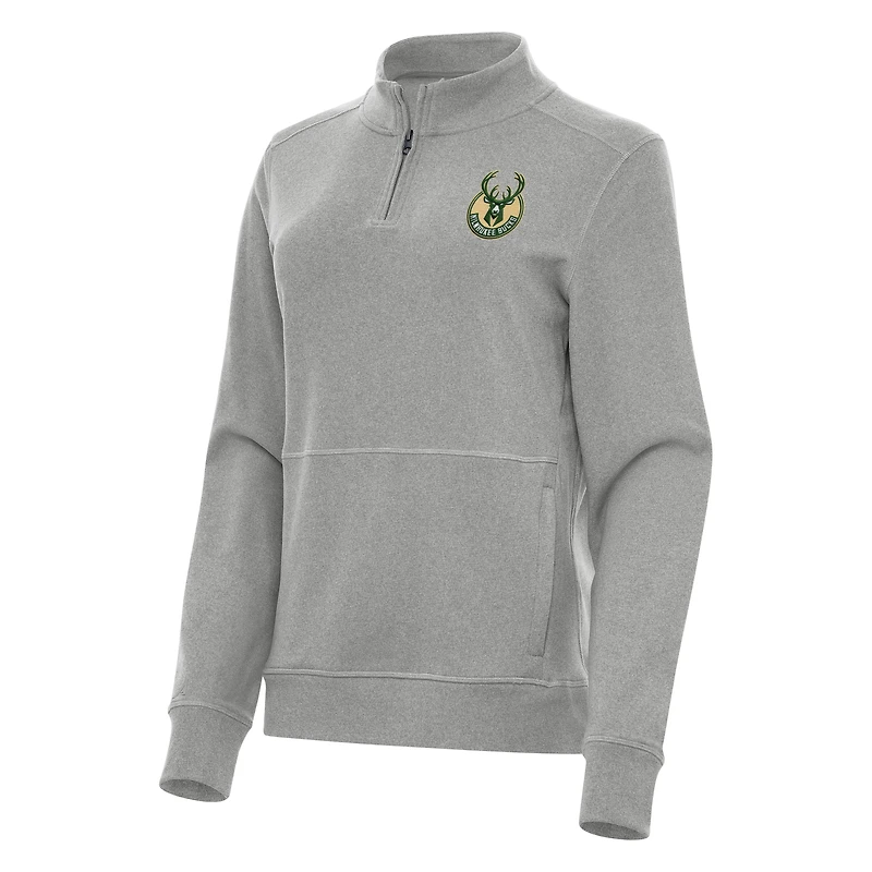 Women's Antigua Heather Gray Milwaukee Bucks Crush Quarter-Zip Fleece Sweatshirt