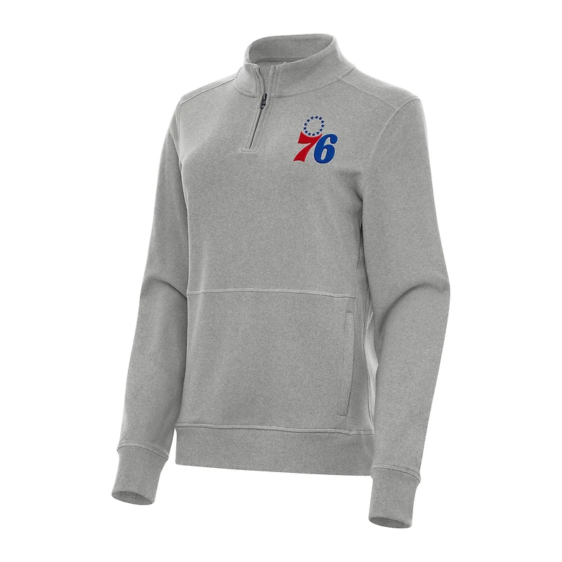 Women's Antigua Heather Gray Philadelphia 76ers Crush Quarter-Zip Fleece Sweatshirt
