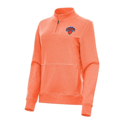 Women's Antigua Heather Orange New York Knicks Crush Quarter-Zip Fleece Sweatshirt