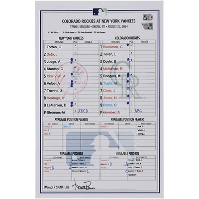 New York Yankees Game-Used Lineup Card vs. Colorado Rockies on August 25, 2024