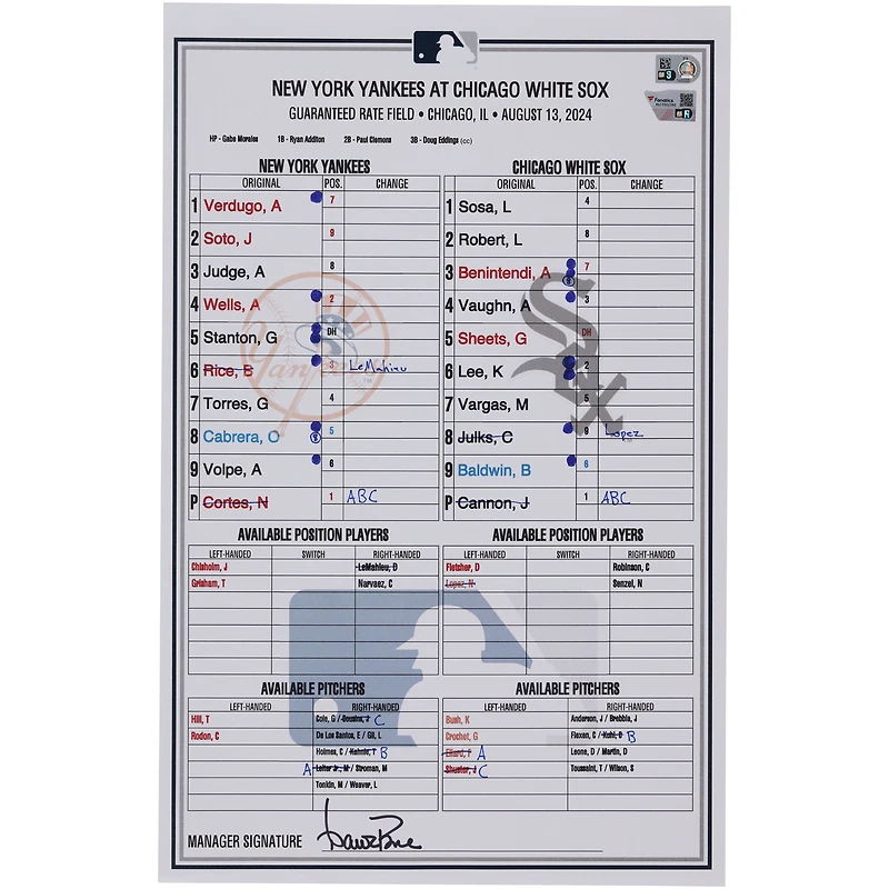 New York Yankees Game-Used Lineup Card vs. Chicago White Sox on August 13, 2024