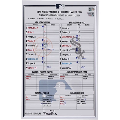 New York Yankees Game-Used Lineup Card vs. Chicago White Sox on August 13, 2024