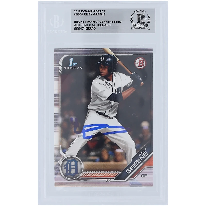 Riley Greene Detroit Tigers Autographed 2019 Bowman Draft #BD-50 Beckett Fanatics Witnessed Authenticated Card