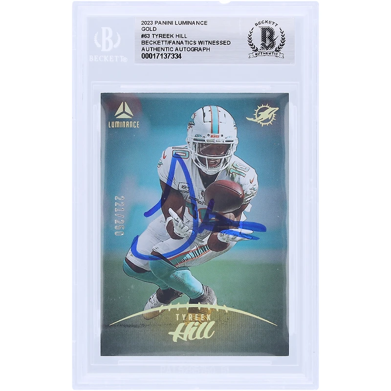 Tyreek Hill Miami Dolphins Autographed 2023 Panini Luminance Gold #63 #/250 Beckett Fanatics Witnessed Authenticated Card