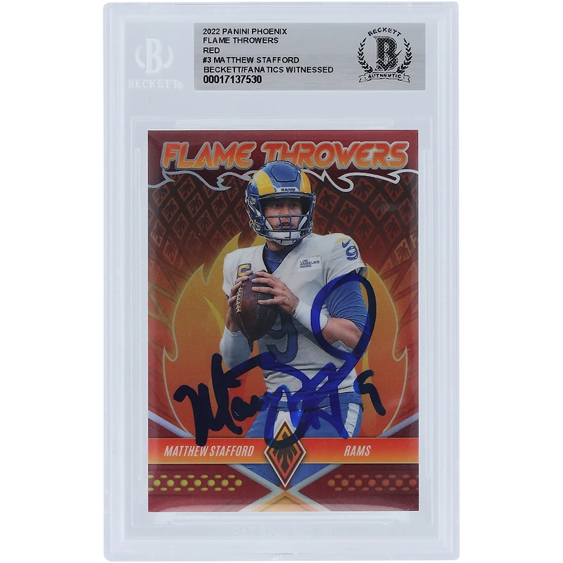Matthew Stafford Los Angeles Rams Autographed 2022 Panini Phoenix Flame Throwers Red #FT-3 #/199 Beckett Fanatics Witnessed Authenticated Card