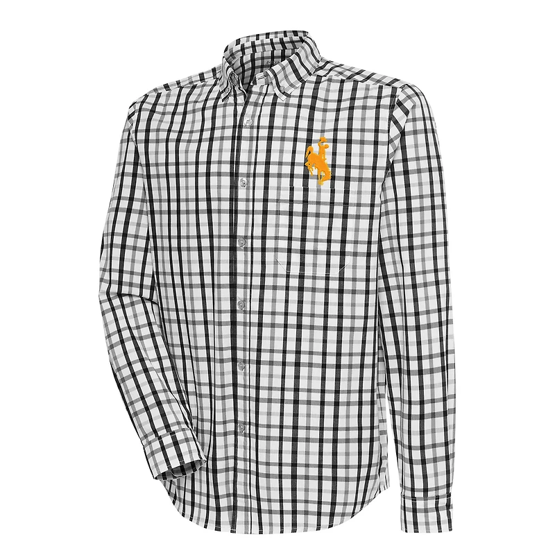 Men's Antigua Black Wyoming Cowboys Tending 2 Woven Tri-Blend Long Sleeve Button-Down Shirt