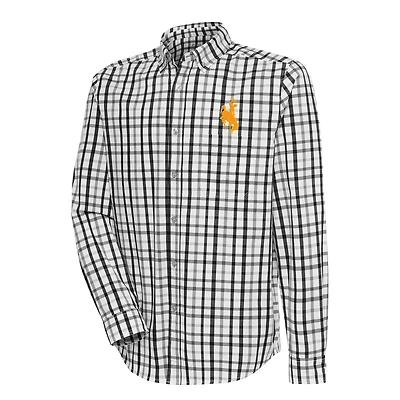 Men's Antigua Black Wyoming Cowboys Tending 2 Woven Tri-Blend Long Sleeve Button-Down Shirt