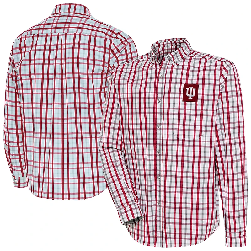 Men's Antigua Crimson Indiana Hoosiers Tending 2 Tri-Blend Long Sleeve Button-Down Shirt