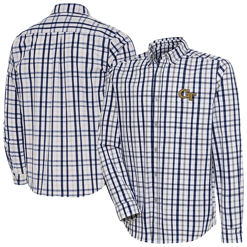 Men's Antigua Navy Georgia Tech Yellow Jackets Tending 2 Tri-Blend Long Sleeve Button-Down Shirt
