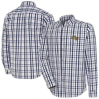 Men's Antigua Navy Georgia Tech Yellow Jackets Tending 2 Tri-Blend Long Sleeve Button-Down Shirt