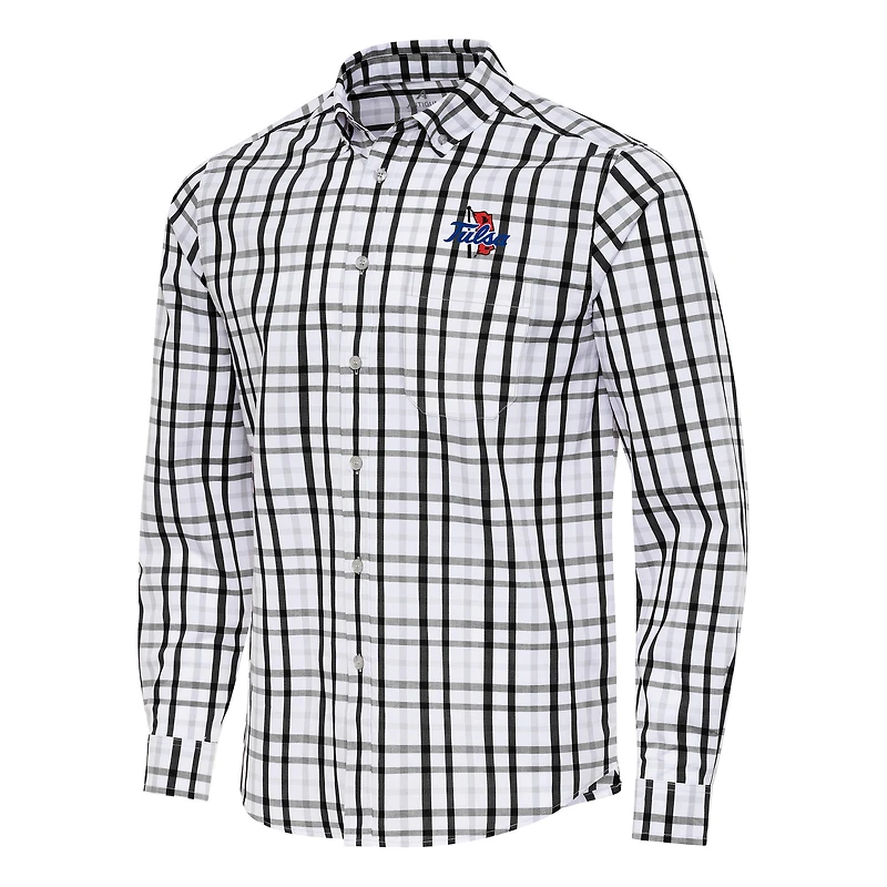 Men's Antigua Black Tulsa Golden Hurricane Tending 2 Tri-Blend Long Sleeve Button-Down Shirt
