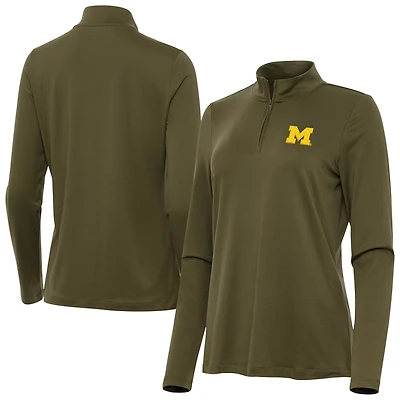 Women's Antigua Olive Michigan Wolverines Reprocess Quarter-Zip Top