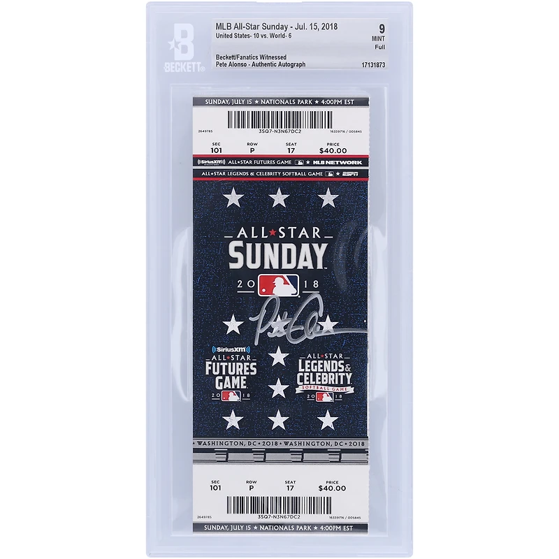 Pete Alonso New York Mets Autographed Beckett Fanatics Witnessed Authenticated 9 Ticket from July 15, 2018 - MLB All-Star Sunday