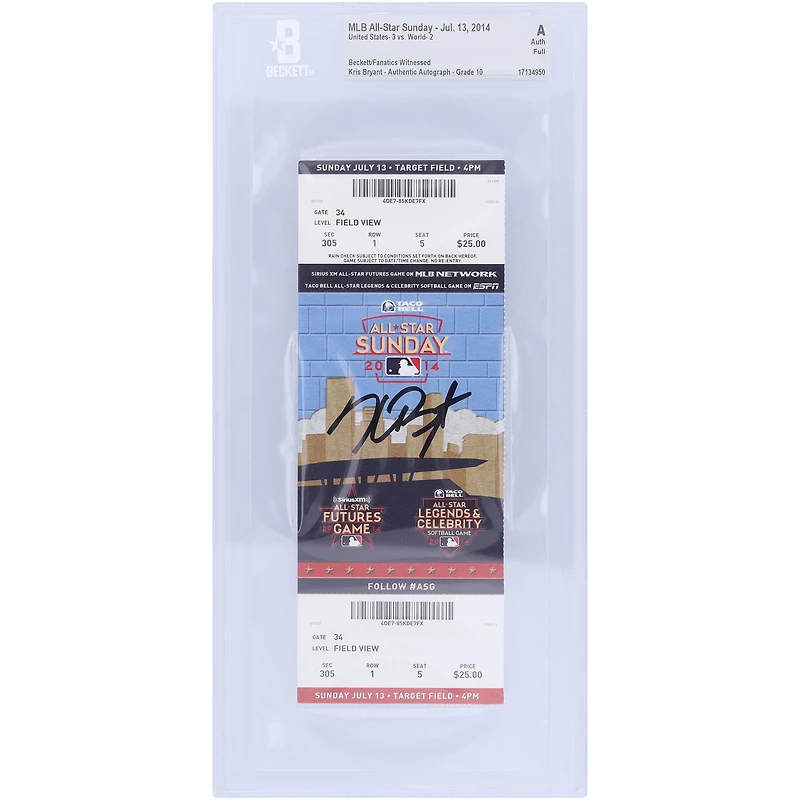 Kris Bryant Chicago Cubs Autographed Beckett Fanatics Witnessed Authenticated Auto 10 Ticket from July 13, 2014 - MLB All-Star Sunday