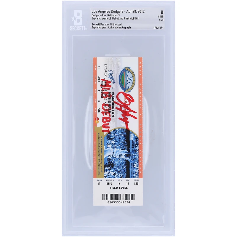 Bryce Harper Washington Nationals Autographed Beckett Fanatics Witnessed Authenticated 9 Ticket from April 28, 2012 with "MLB Debut" Inscription - MLB Debut & 1st MLB Hit