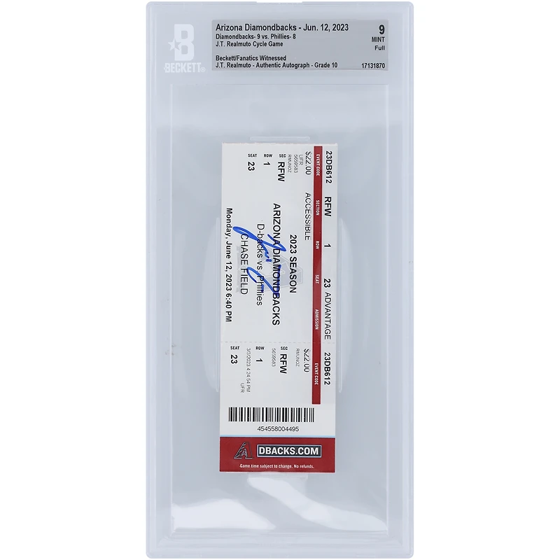 J.T. Realmuto Philadelphia Phillies Autographed Beckett Fanatics Witnessed Authenticated 9/10 Ticket from June 12, 2023 - 1st Career Cycle