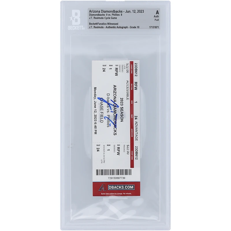J.T. Realmuto Philadelphia Phillies Autographed Beckett Fanatics Witnessed Authenticated Auto 10 Ticket from June 12, 2023 - 1st Career Cycle