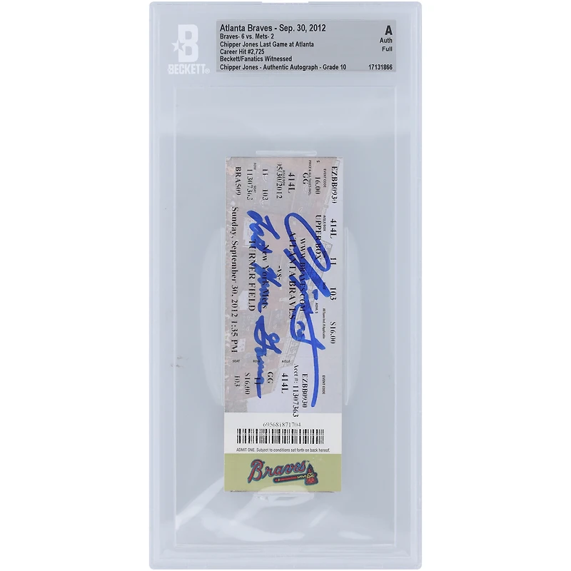 Chipper Jones Atlanta Braves Autographed Beckett Fanatics Witnessed Authenticated Auto 10 Ticket from September 30, 2012 with "Last Home Game" Inscription - 2,725th Career Hit