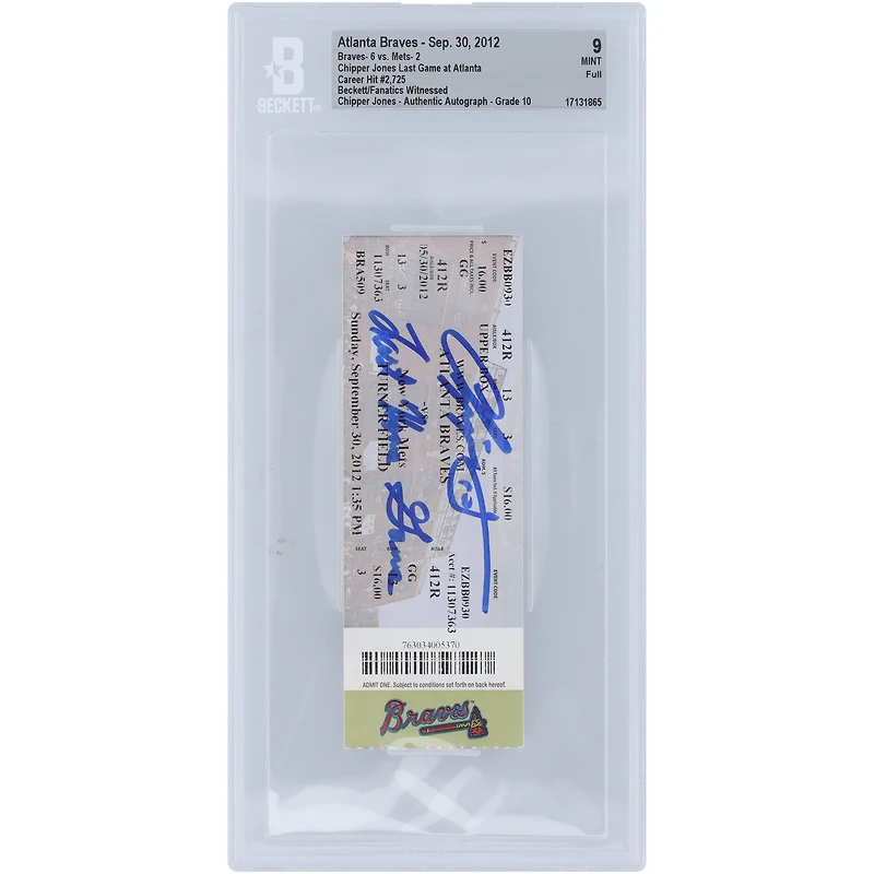 Chipper Jones Atlanta Braves Autographed Beckett Fanatics Witnessed Authenticated 9/10 Ticket from September 30, 2012 with "Last Home Game" Inscription - 2,725th Career Hit