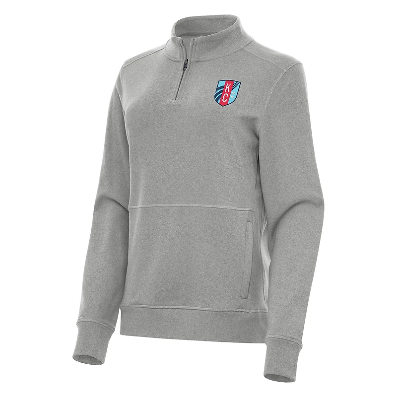 Women's Antigua Heather Gray Kansas City Current Crush Quarter-Zip Fleece Sweatshirt