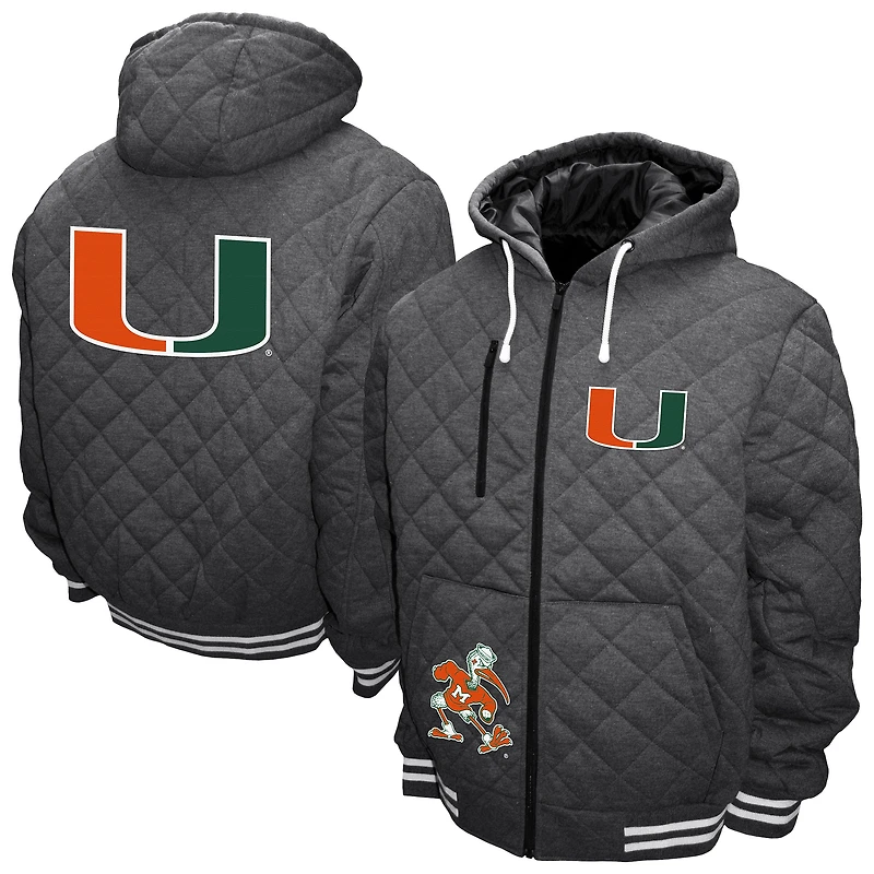 Men's Franchise Club Gray Miami Hurricanes Diamond Quilted Full-Zip Hoodie Jacket