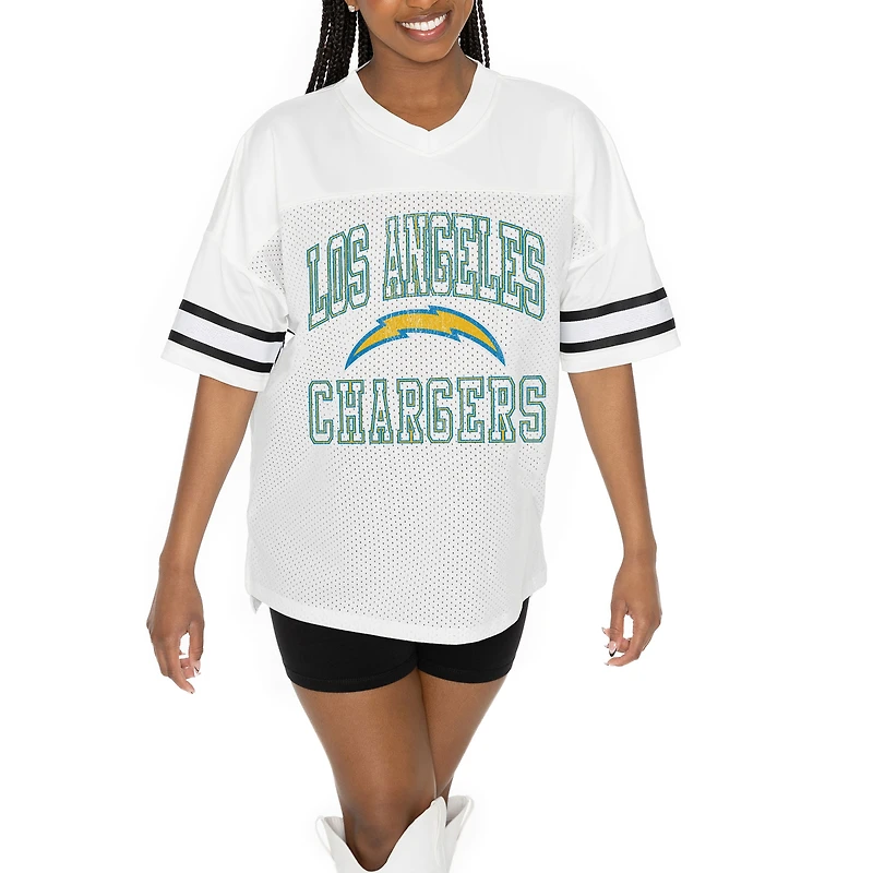 Women's Gameday Couture  White Los Angeles Chargers Oversized Sporty Mesh V-Neck Top