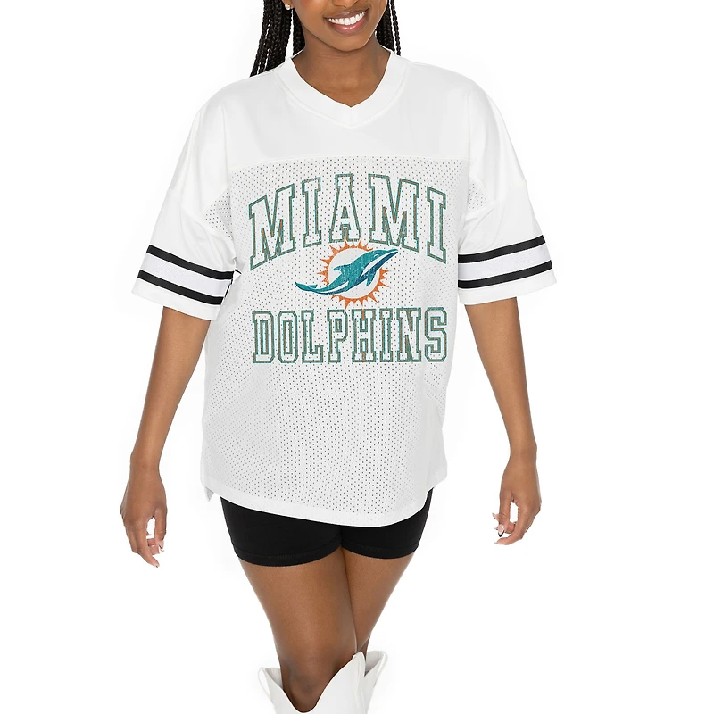 Women's Gameday Couture  White Miami Dolphins Oversized Sporty Mesh V-Neck Top