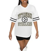 Women's Gameday Couture  White Pittsburgh Steelers Oversized Sporty Mesh V-Neck Top