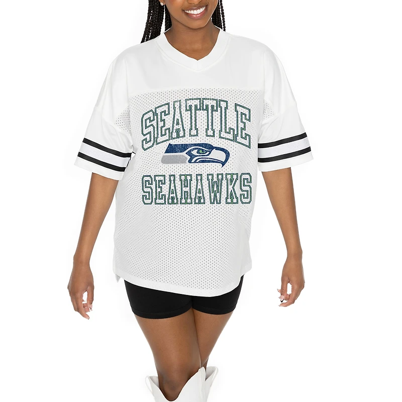Women's Gameday Couture  White Seattle Seahawks Oversized Sporty Mesh V-Neck Top