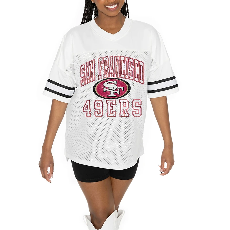 Women's Gameday Couture White San Francisco 49ers Oversized Sporty Mesh V-Neck Top