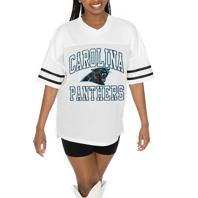 Women's Gameday Couture  White Carolina Panthers Oversized Sporty Mesh V-Neck Top