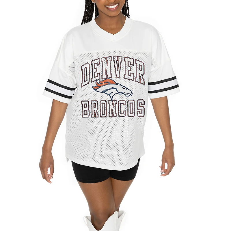 Women's Gameday Couture White Denver Broncos Oversized Sporty Mesh V-Neck Top