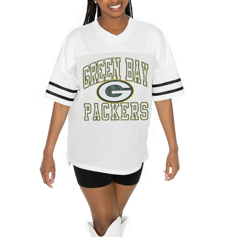 Women's Gameday Couture White Green Bay Packers Oversized Sporty Mesh V-Neck Top