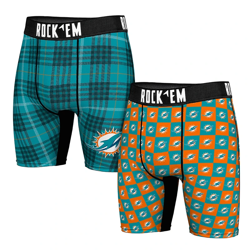 Men's Rock Em Socks Miami Dolphins Two-Pack Plaid and Checkerboard Boxer Briefs