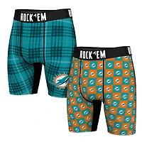 Men's Rock Em Socks   Miami Dolphins Two-Pack Plaid and Checkerboard Boxer Briefs
