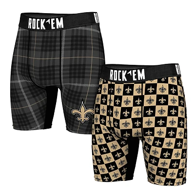 Men's Rock Em Socks New Orleans Saints Two-Pack Plaid and Checkerboard Boxer Briefs