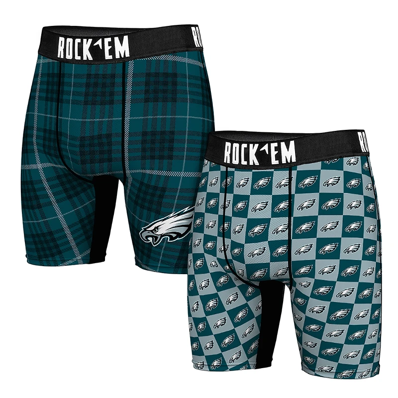 Men's Rock Em Socks Philadelphia Eagles Two-Pack Plaid and Checkerboard Boxer Briefs
